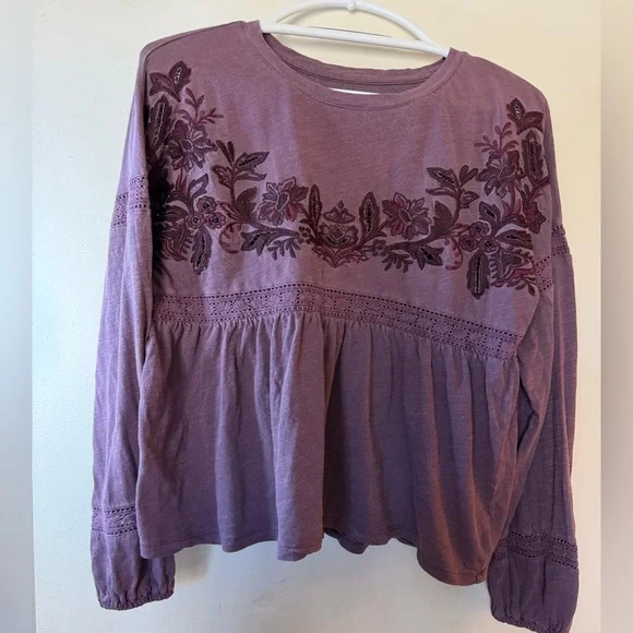 Lucky Brand Embroidered Boho Top Purple Long Sleeve Size Medium - Picture 3 of 6